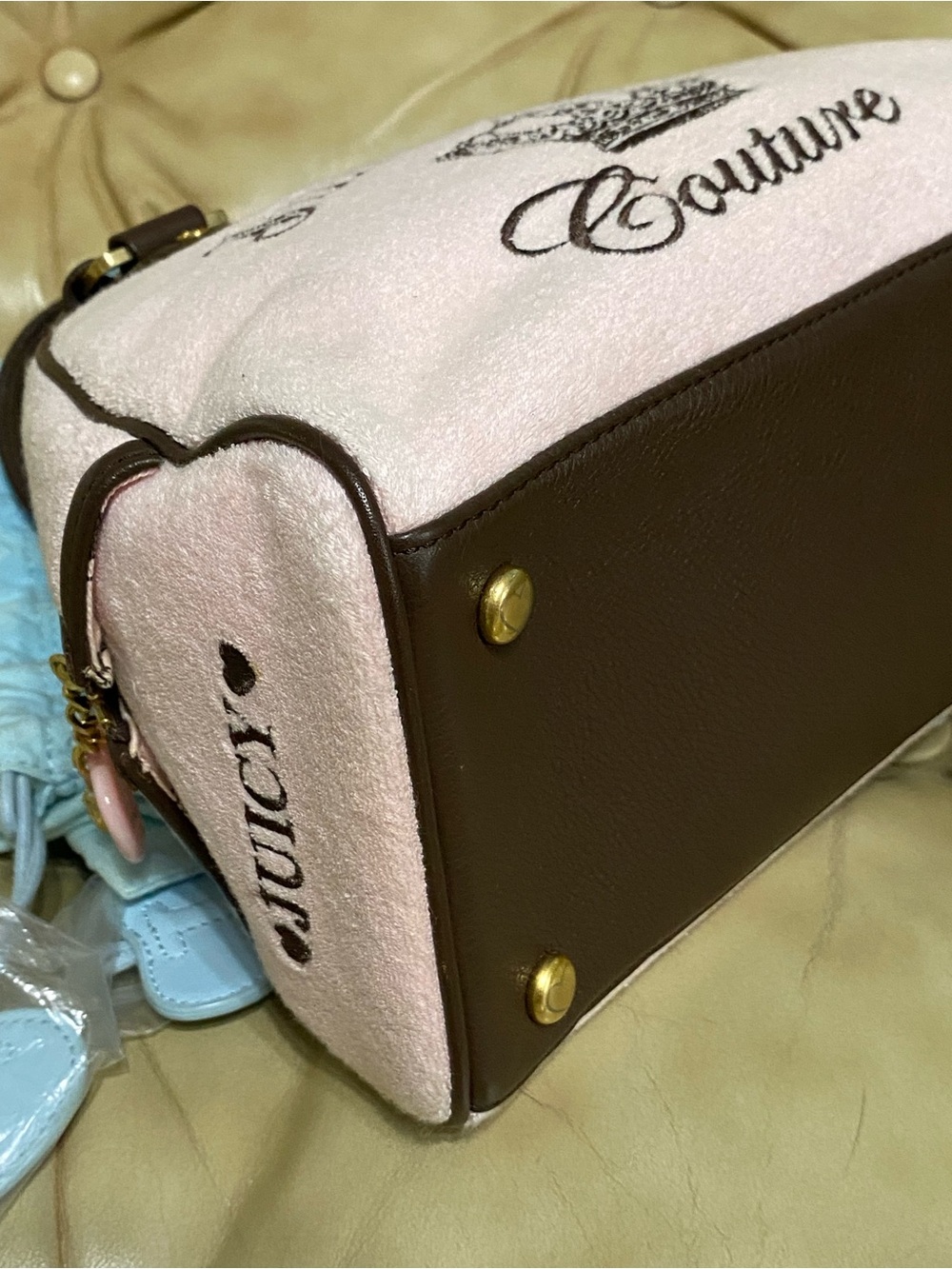 Vintage Juicy Couture Royal Bowler Bag Velour Velvet Baby Pink Crown w/Charms - Picture 7 of 16